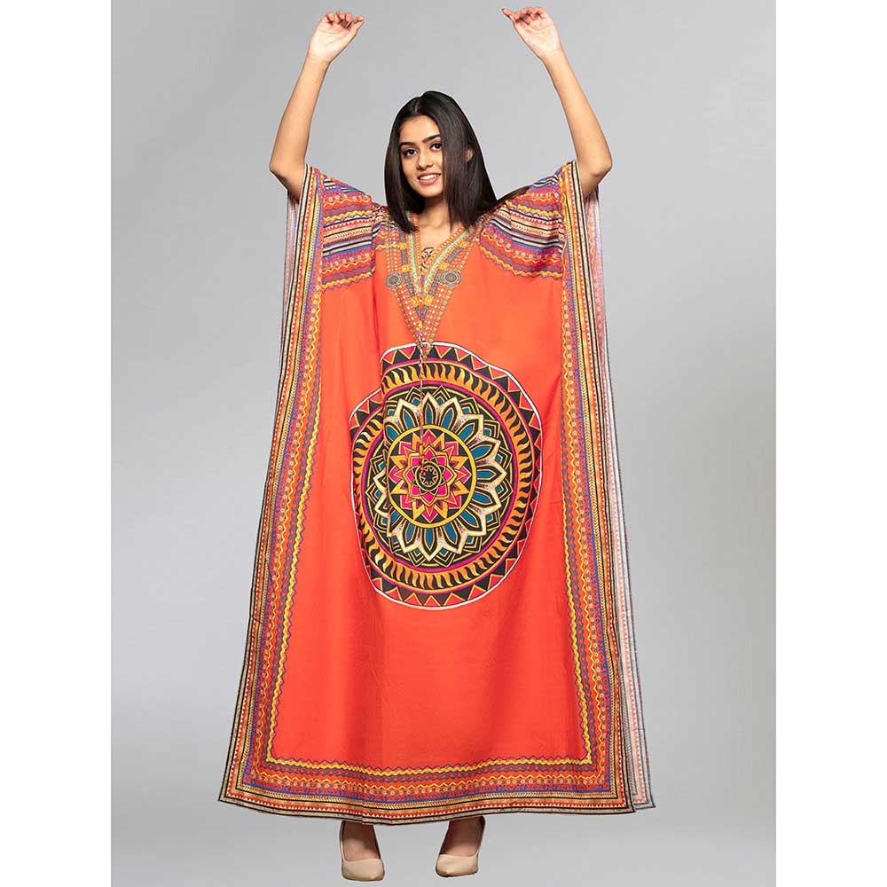 First Resort by Ramola Bachchan Orange Tribal Full Length Kaftan