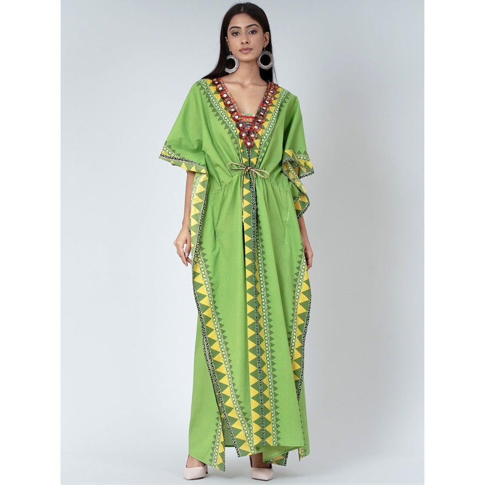 First Resort by Ramola Bachchan Green Tribal Full Length Kaftan