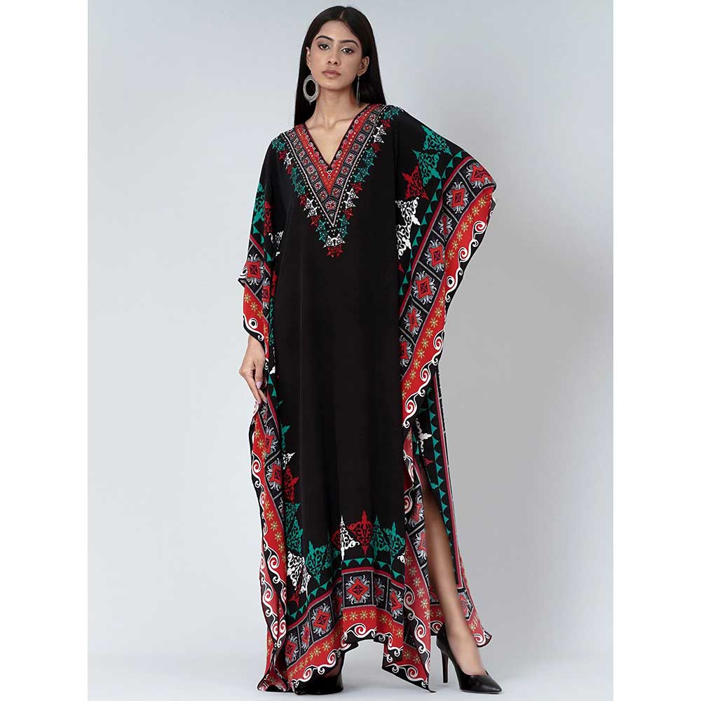 First Resort by Ramola Bachchan Black Mexican Print Embellished Silk Full Length Kaftan