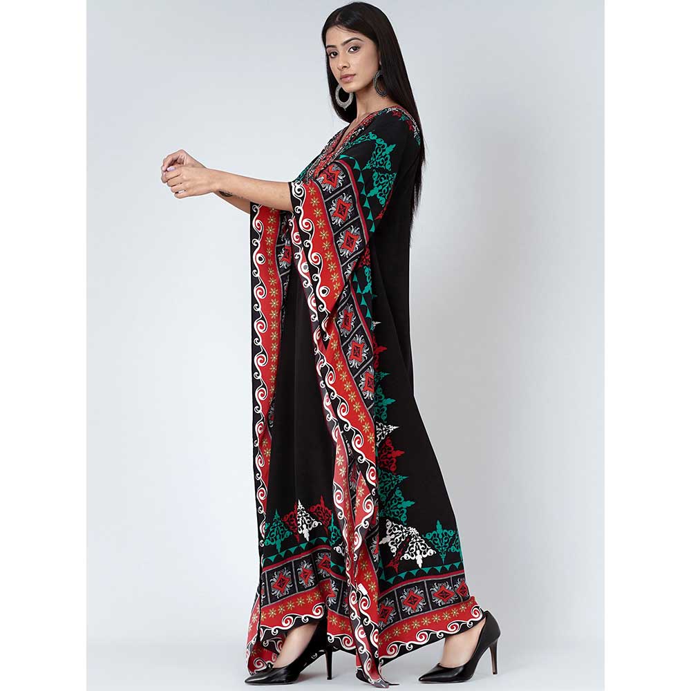 First Resort by Ramola Bachchan Black Mexican Print Embellished Silk Full Length Kaftan