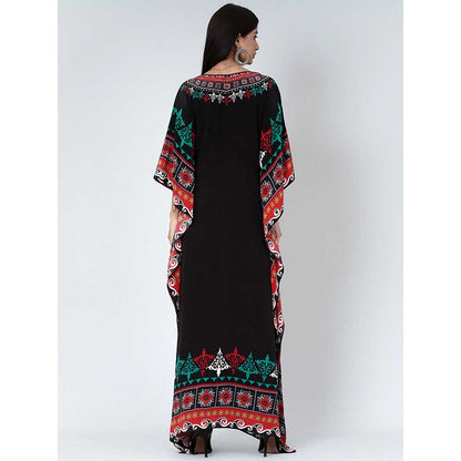 First Resort by Ramola Bachchan Black Mexican Print Embellished Silk Full Length Kaftan