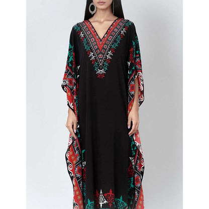 First Resort by Ramola Bachchan Black Mexican Print Embellished Silk Full Length Kaftan