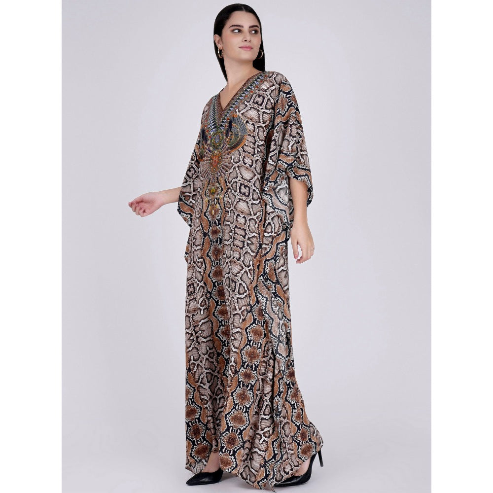 First Resort by Ramola Bachchan Brown Animal Print Embellished Silk Full Length Kaftan