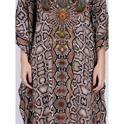 First Resort by Ramola Bachchan Brown Animal Print Embellished Silk Full Length Kaftan