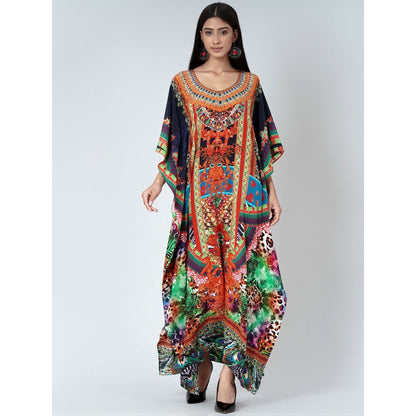 First Resort by Ramola Bachchan Black And Orange Embellished Silk Full Length Kaftan