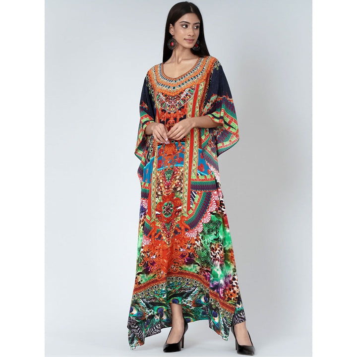 First Resort by Ramola Bachchan Black And Orange Embellished Silk Full Length Kaftan
