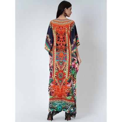 First Resort by Ramola Bachchan Black And Orange Embellished Silk Full Length Kaftan