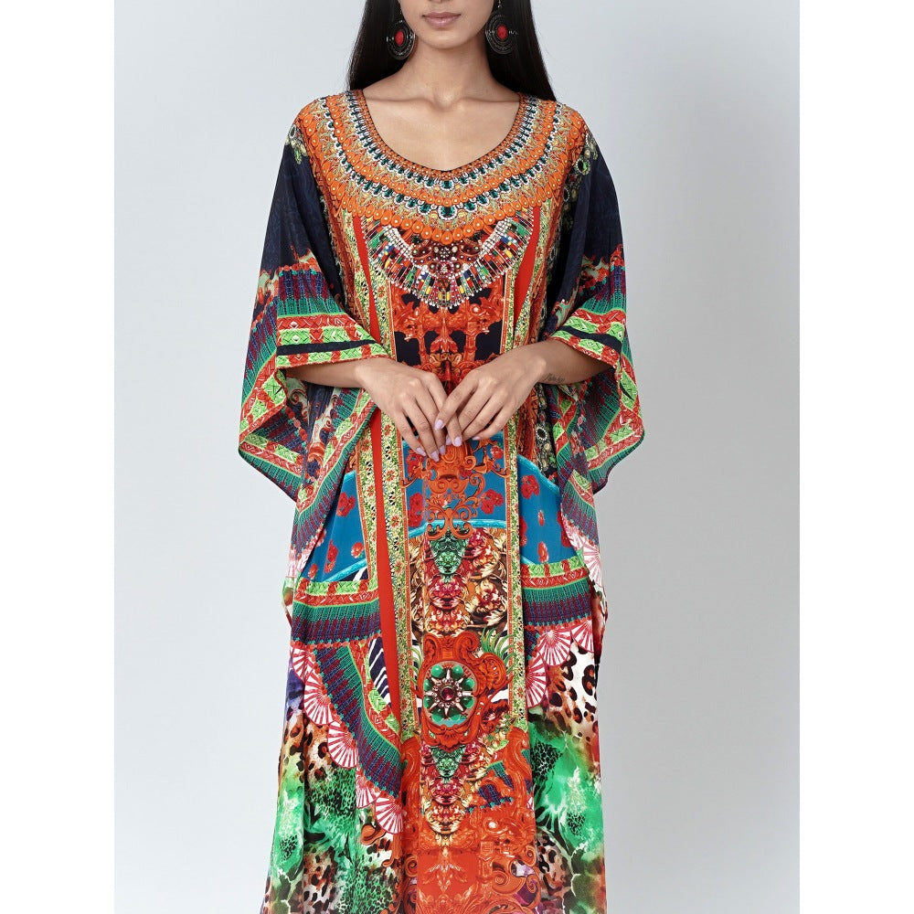 First Resort by Ramola Bachchan Black And Orange Embellished Silk Full Length Kaftan