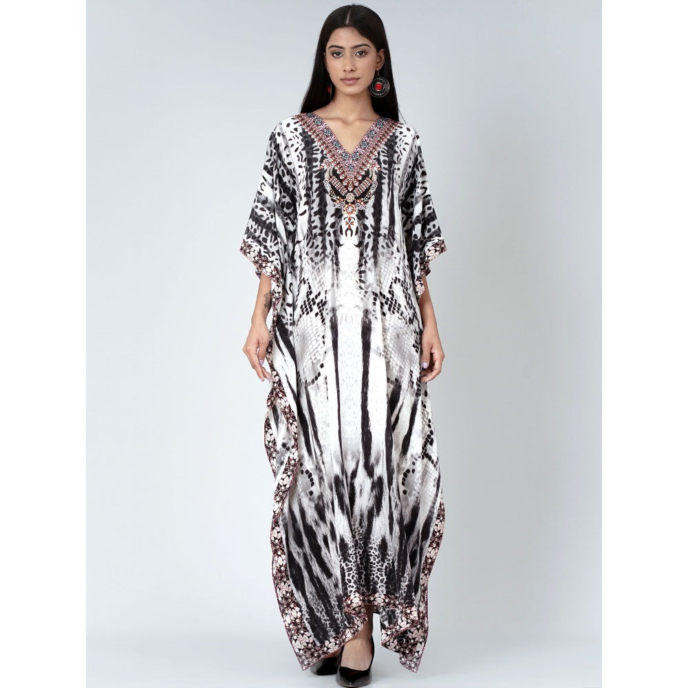 First Resort by Ramola Bachchan Black And White Animal Print Embellished Silk Kaftan