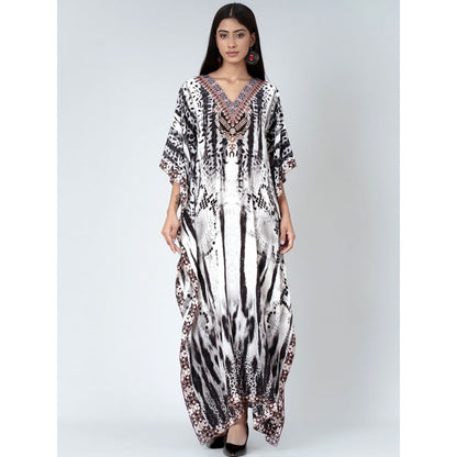 First Resort by Ramola Bachchan Black And White Animal Print Embellished Silk Kaftan