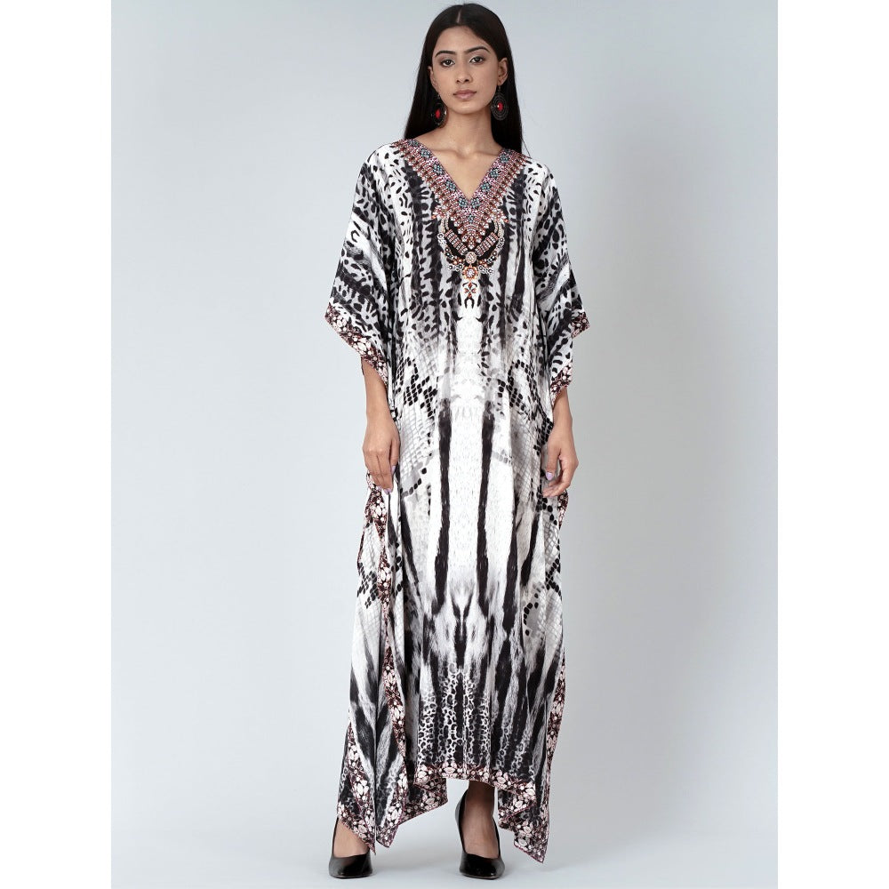 First Resort by Ramola Bachchan Black And White Animal Print Embellished Silk Kaftan