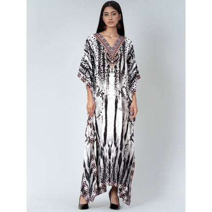 First Resort by Ramola Bachchan Black And White Animal Print Embellished Silk Kaftan