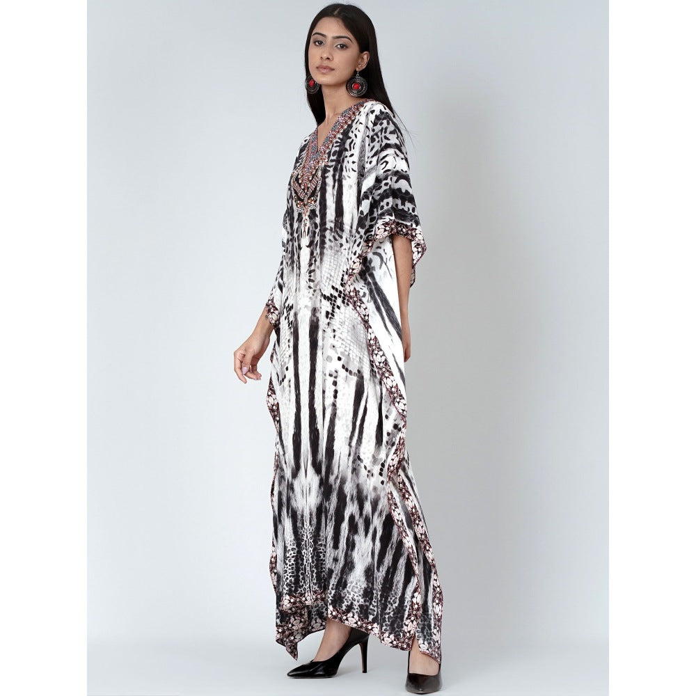 First Resort by Ramola Bachchan Black And White Animal Print Embellished Silk Kaftan