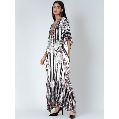 First Resort by Ramola Bachchan Black And White Animal Print Embellished Silk Kaftan