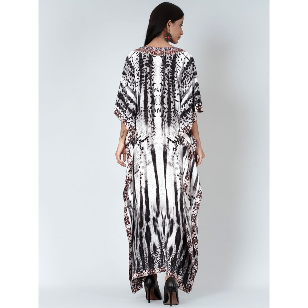 First Resort by Ramola Bachchan Black And White Animal Print Embellished Silk Kaftan