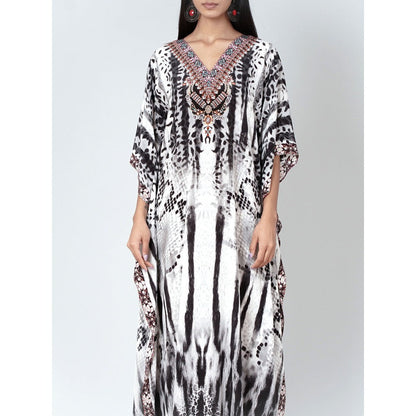 First Resort by Ramola Bachchan Black And White Animal Print Embellished Silk Kaftan