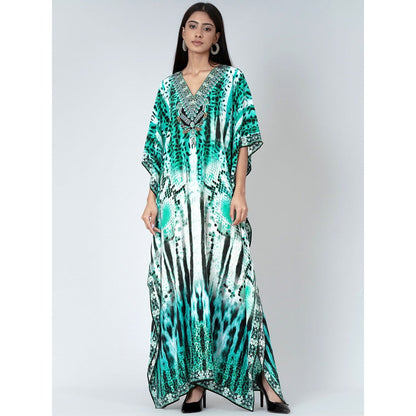 First Resort by Ramola Bachchan Green And Black Animal Print Embellished Silk Kaftan
