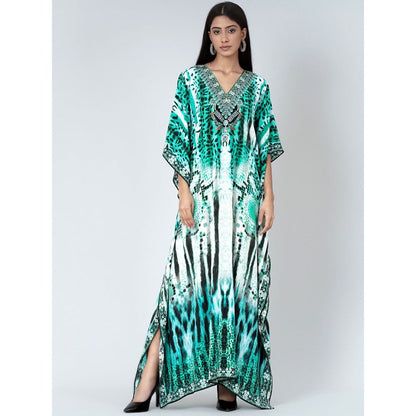 First Resort by Ramola Bachchan Green And Black Animal Print Embellished Silk Kaftan