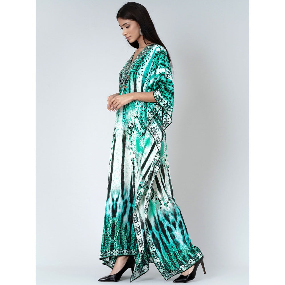 First Resort by Ramola Bachchan Green And Black Animal Print Embellished Silk Kaftan