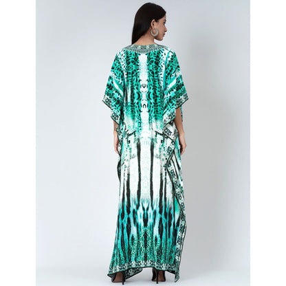 First Resort by Ramola Bachchan Green And Black Animal Print Embellished Silk Kaftan