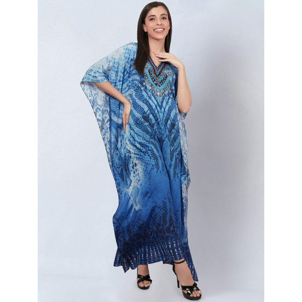 First Resort by Ramola Bachchan Blue Python Print Embellished Silk Full Length Kaftan