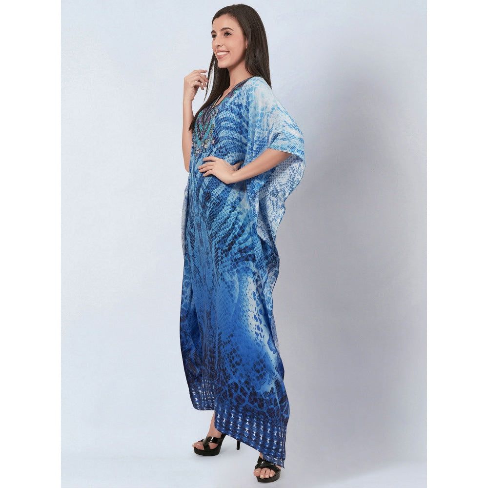 First Resort by Ramola Bachchan Blue Python Print Embellished Silk Full Length Kaftan