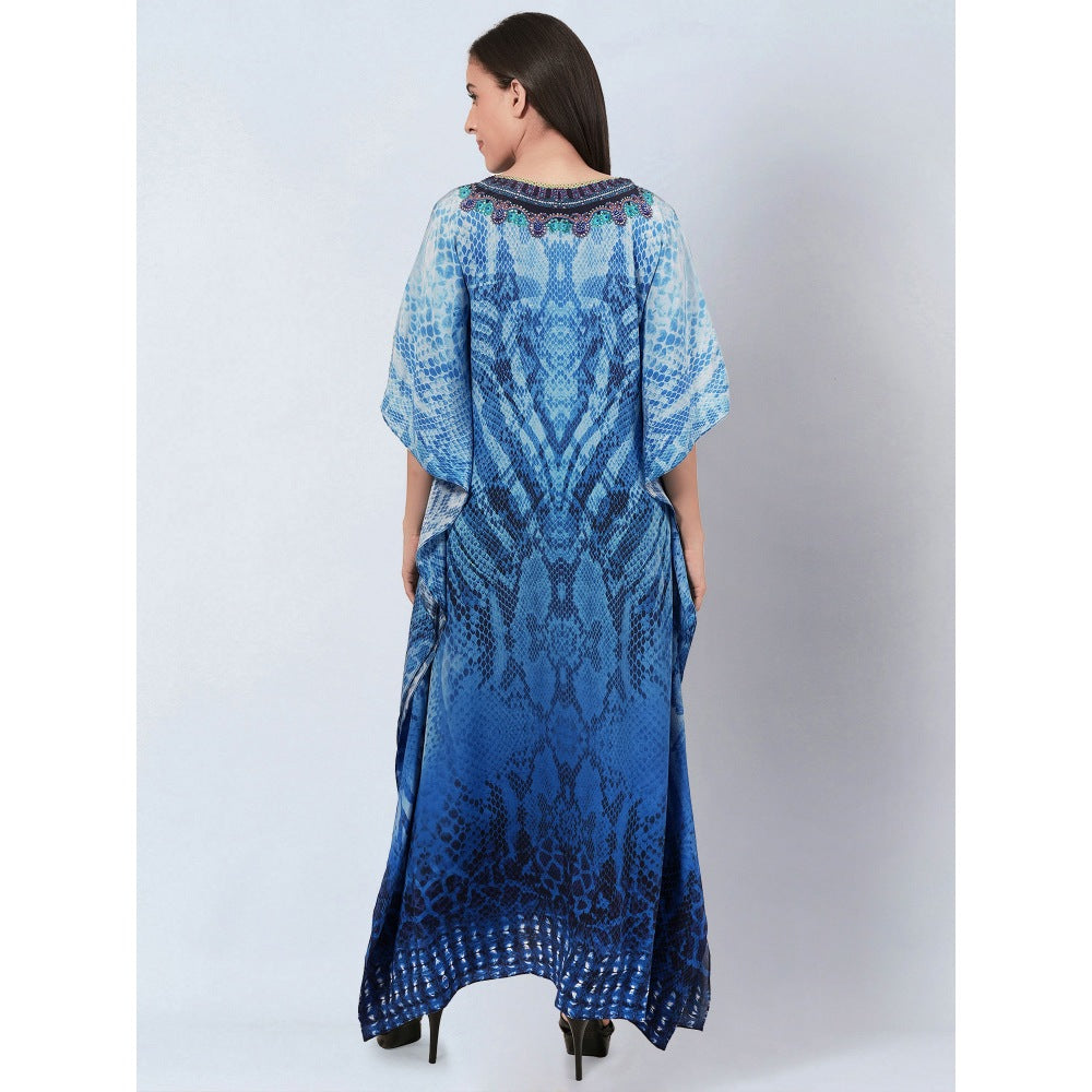First Resort by Ramola Bachchan Blue Python Print Embellished Silk Full Length Kaftan