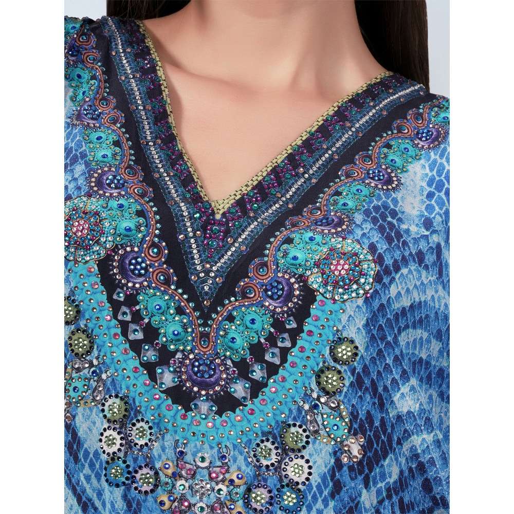 First Resort by Ramola Bachchan Blue Python Print Embellished Silk Full Length Kaftan