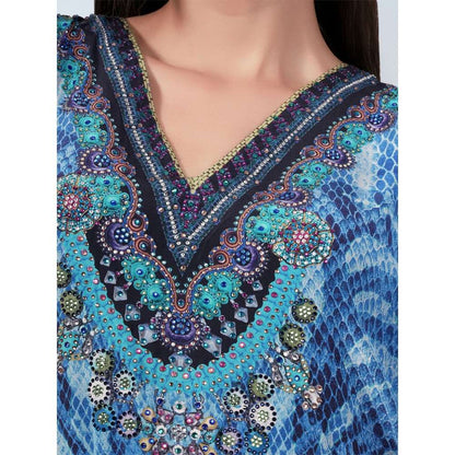 First Resort by Ramola Bachchan Blue Python Print Embellished Silk Full Length Kaftan