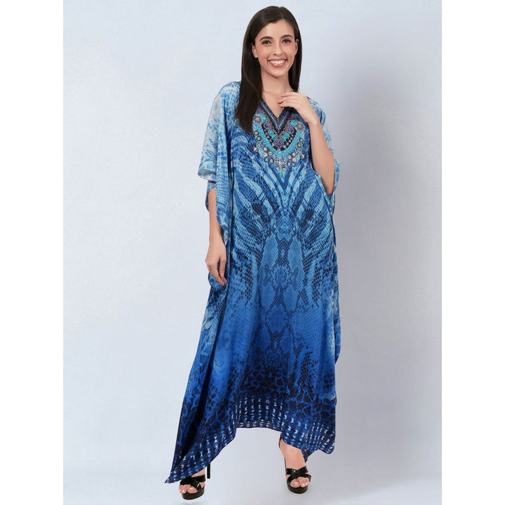 First Resort by Ramola Bachchan Blue Python Print Embellished Silk Full Length Kaftan