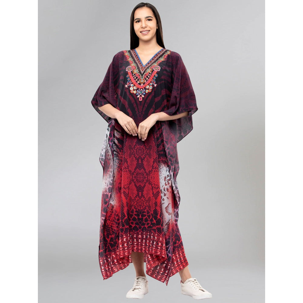 First Resort by Ramola Bachchan Maroon Python Print Embellished Silk Full Length Kaftan