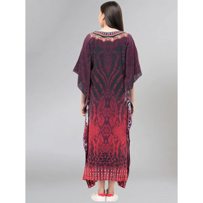 First Resort by Ramola Bachchan Maroon Python Print Embellished Silk Full Length Kaftan