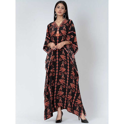 First Resort by Ramola Bachchan Black And Orange Embellished Silk Full Length Kaftan