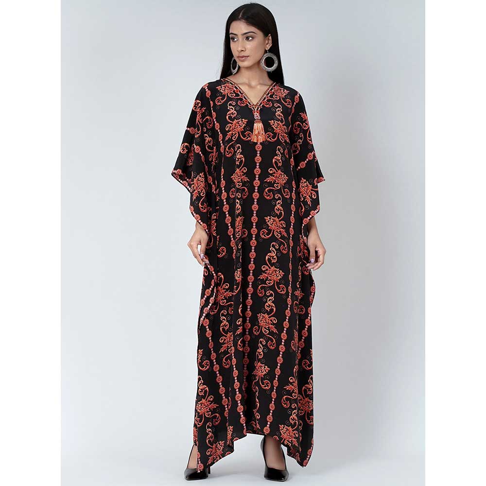First Resort by Ramola Bachchan Black And Orange Embellished Silk Full Length Kaftan