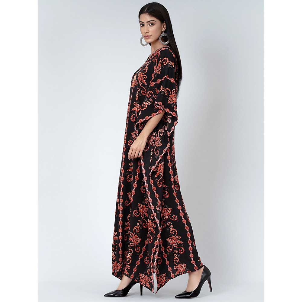 First Resort by Ramola Bachchan Black And Orange Embellished Silk Full Length Kaftan