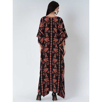 First Resort by Ramola Bachchan Black And Orange Embellished Silk Full Length Kaftan