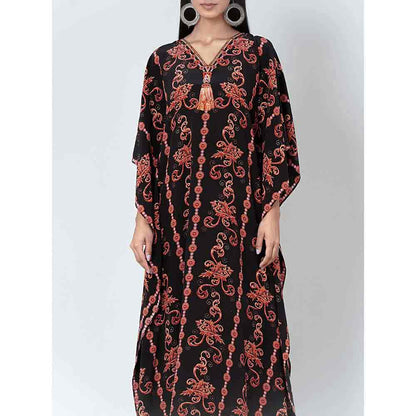 First Resort by Ramola Bachchan Black And Orange Embellished Silk Full Length Kaftan