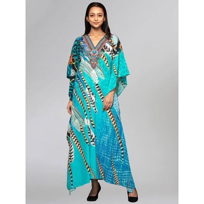 First Resort by Ramola Bachchan Turquoise Leaf Print Embellished Silk Full Length Kaftan