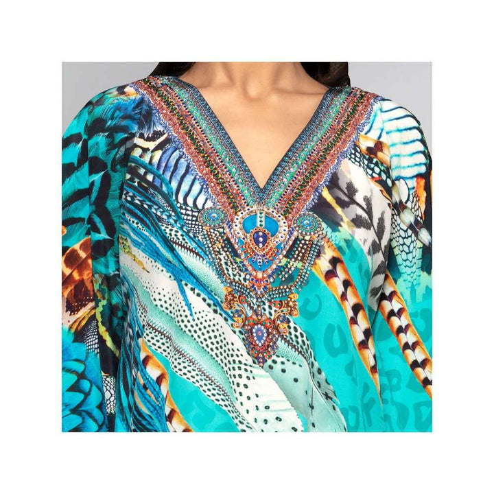 First Resort by Ramola Bachchan Turquoise Leaf Print Embellished Silk Full Length Kaftan