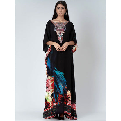 First Resort by Ramola Bachchan Black And Blue Splash Print Embellished Silk Full Length Kaftan
