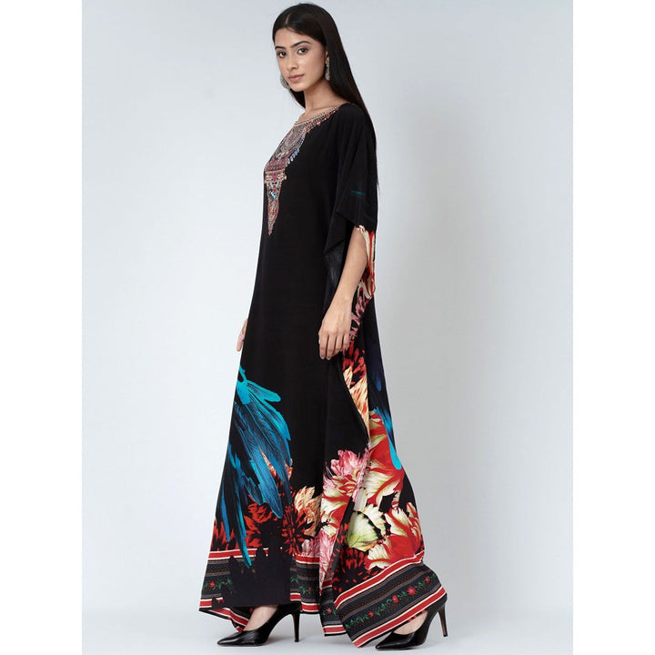 First Resort by Ramola Bachchan Black And Blue Splash Print Embellished Silk Full Length Kaftan