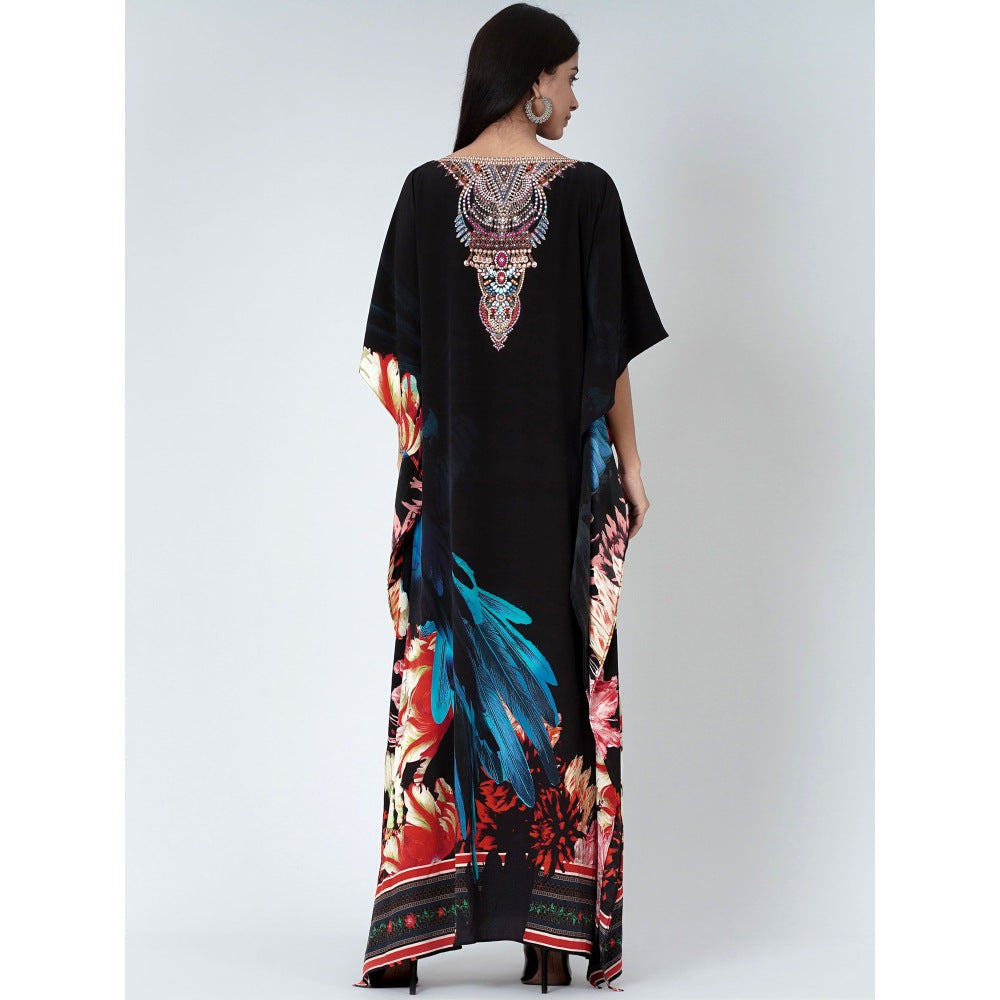 First Resort by Ramola Bachchan Black And Blue Splash Print Embellished Silk Full Length Kaftan