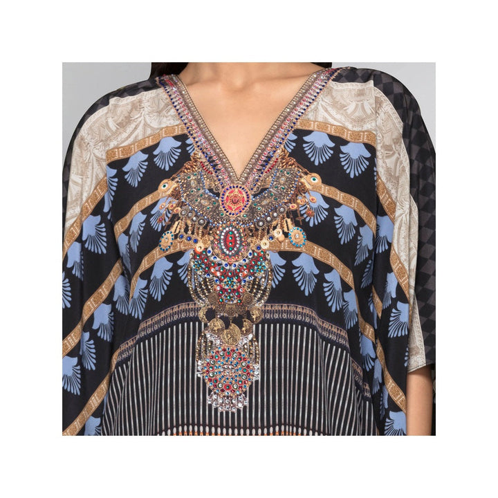First Resort by Ramola Bachchan Black And Blue Geometric Print Embellished Silk Kaftan