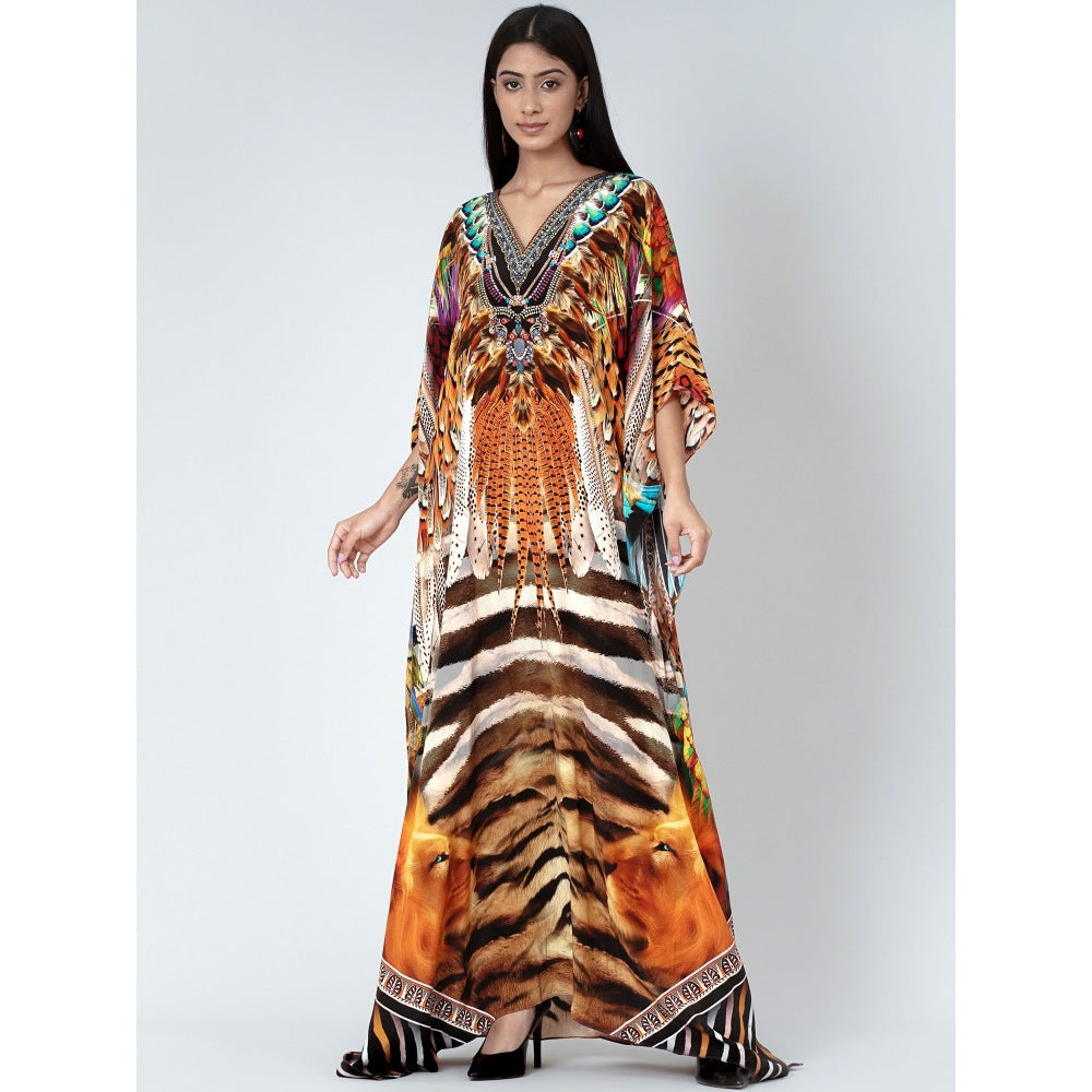 First Resort by Ramola Bachchan Brown And Black Tribal Print Embellished Silk Kaftan