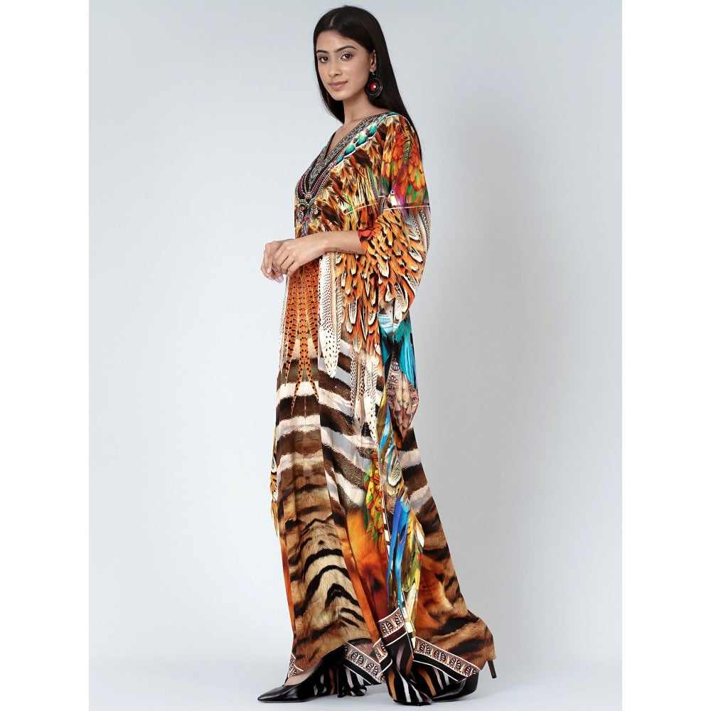 First Resort by Ramola Bachchan Brown And Black Tribal Print Embellished Silk Kaftan