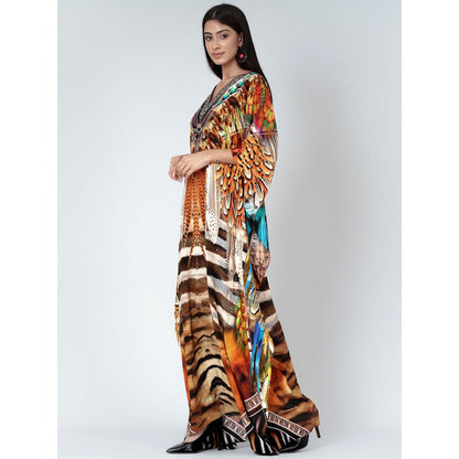 First Resort by Ramola Bachchan Brown And Black Tribal Print Embellished Silk Kaftan