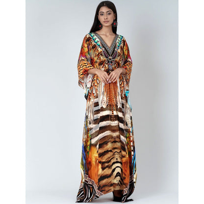 First Resort by Ramola Bachchan Brown And Black Tribal Print Embellished Silk Kaftan