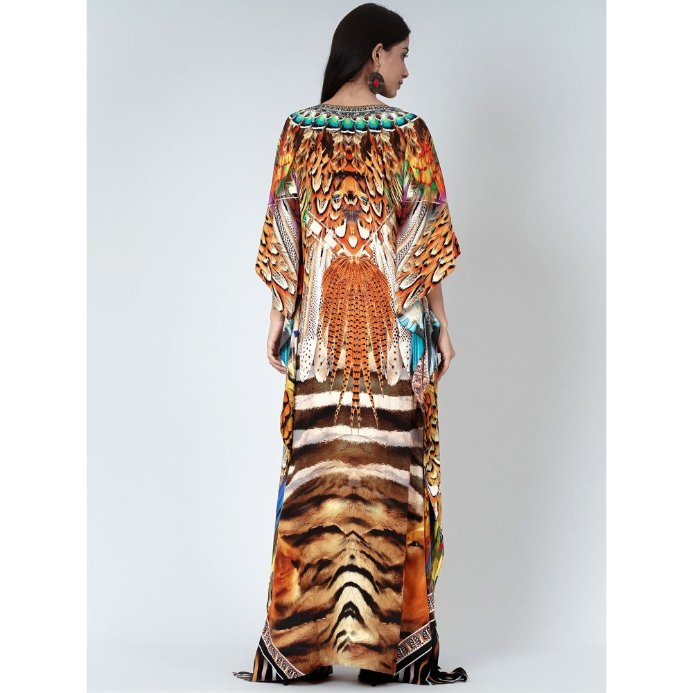 First Resort by Ramola Bachchan Brown And Black Tribal Print Embellished Silk Kaftan