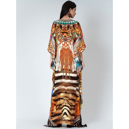 First Resort by Ramola Bachchan Brown And Black Tribal Print Embellished Silk Kaftan