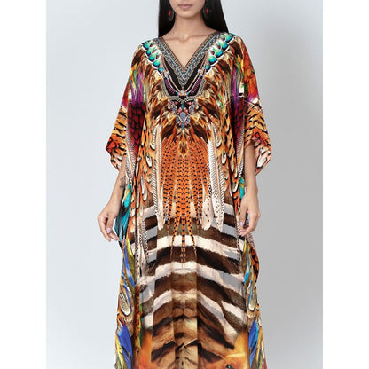 First Resort by Ramola Bachchan Brown And Black Tribal Print Embellished Silk Kaftan